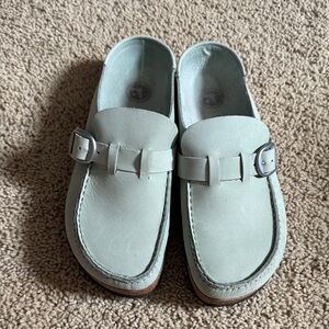 Birkenstock Light Sage Leather Slip-On Mules with Buckle Detail Sz 40